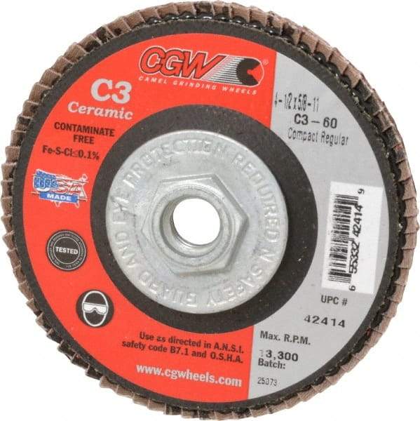 Camel Grinding Wheels - 60 Grit, 4-1/2" Disc Diam, 5/8-11 Center Hole, Ceramic Flap Disc - 13,300 Max RPM, Polyester Backing, Arbor Attaching System, Coated - Apex Tool & Supply