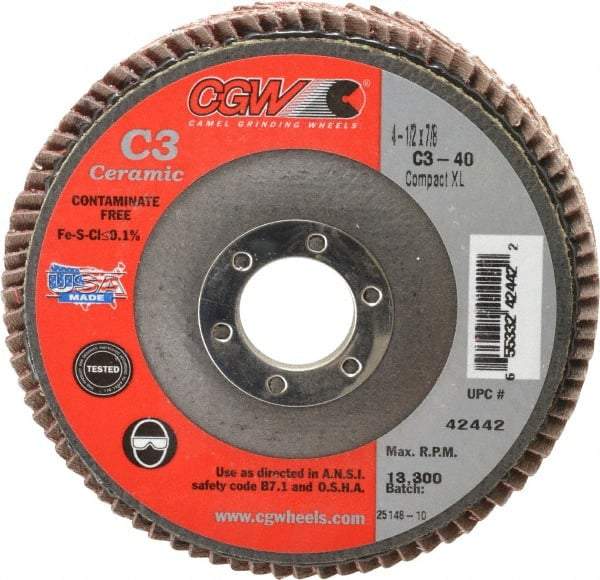 Camel Grinding Wheels - 40 Grit, 4-1/2" Disc Diam, 7/8" Center Hole, Ceramic Flap Disc - 13,300 Max RPM, Polyester Backing, Arbor Attaching System, Coated - Apex Tool & Supply