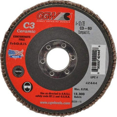 Camel Grinding Wheels - 60 Grit, 4-1/2" Disc Diam, 7/8" Center Hole, Ceramic Flap Disc - 13,300 Max RPM, Polyester Backing, Arbor Attaching System, Coated - Apex Tool & Supply