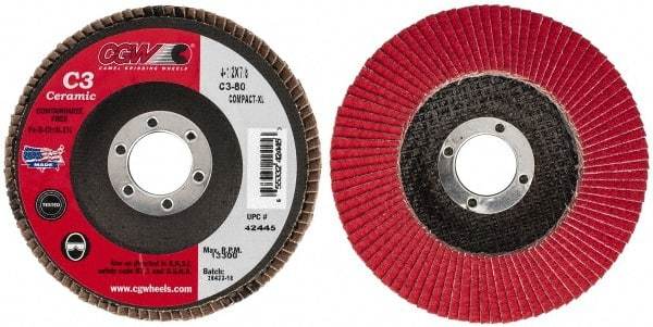 Camel Grinding Wheels - 80 Grit, 4-1/2" Disc Diam, 7/8" Center Hole, Ceramic Flap Disc - 13,300 Max RPM, Polyester Backing, Arbor Attaching System, Coated - Apex Tool & Supply