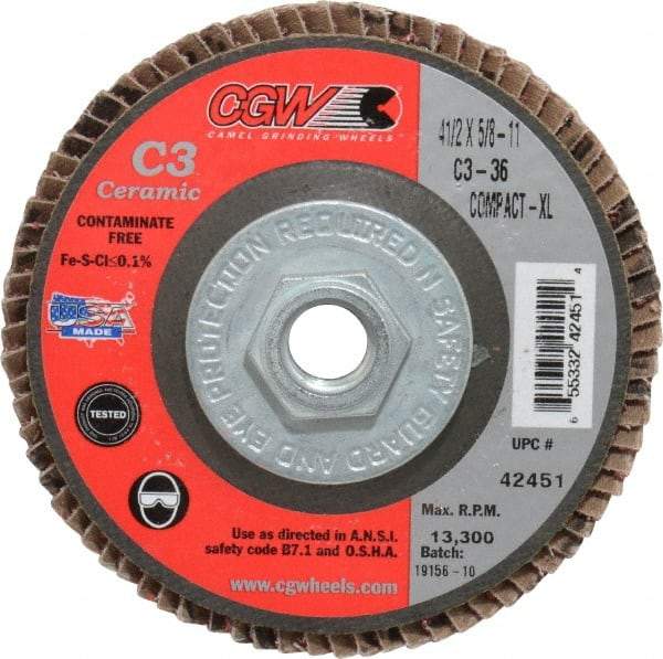 Camel Grinding Wheels - 36 Grit, 4-1/2" Disc Diam, 5/8-11 Center Hole, Ceramic Flap Disc - 13,300 Max RPM, Polyester Backing, Arbor Attaching System, Coated - Apex Tool & Supply