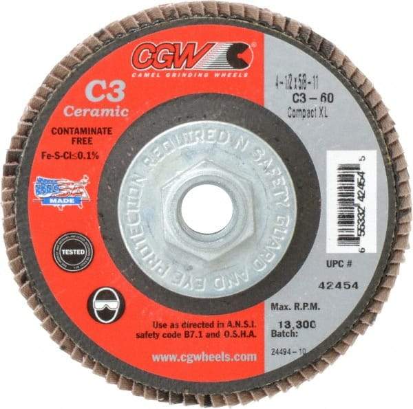 Camel Grinding Wheels - 60 Grit, 4-1/2" Disc Diam, 5/8-11 Center Hole, Ceramic Flap Disc - 13,300 Max RPM, Polyester Backing, Arbor Attaching System, Coated - Apex Tool & Supply