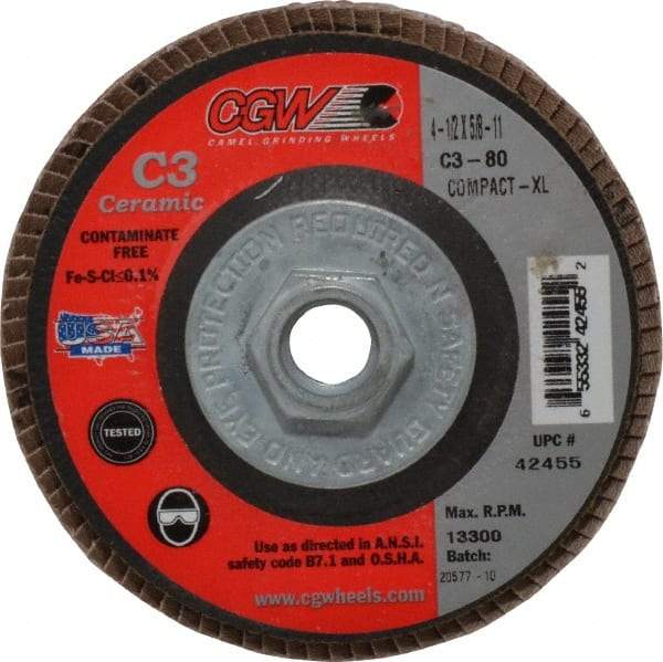 Camel Grinding Wheels - 80 Grit, 4-1/2" Disc Diam, 5/8-11 Center Hole, Ceramic Flap Disc - 13,300 Max RPM, Polyester Backing, Arbor Attaching System, Coated - Apex Tool & Supply