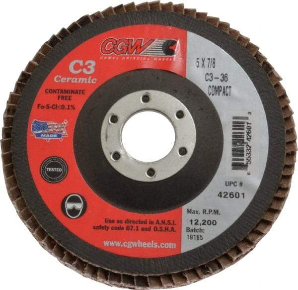 Camel Grinding Wheels - 36 Grit, 5" Disc Diam, 7/8" Center Hole, Ceramic Flap Disc - 12,200 Max RPM, Polyester Backing, Arbor Attaching System, Coated - Apex Tool & Supply