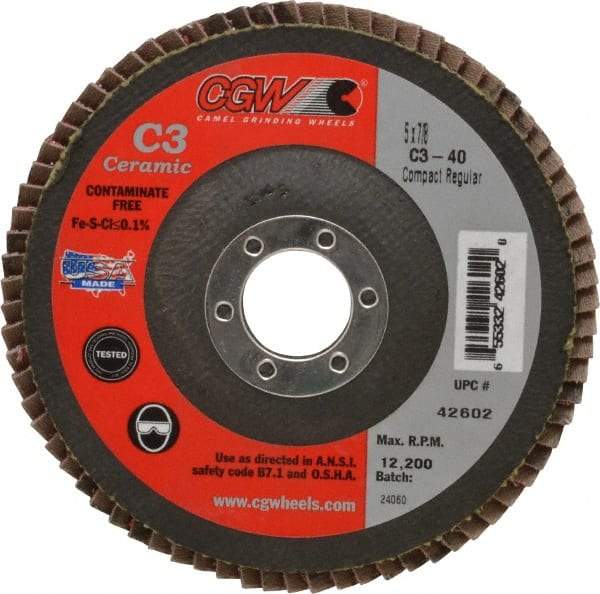 Camel Grinding Wheels - 40 Grit, 5" Disc Diam, 7/8" Center Hole, Ceramic Flap Disc - 12,200 Max RPM, Polyester Backing, Arbor Attaching System, Coated - Apex Tool & Supply