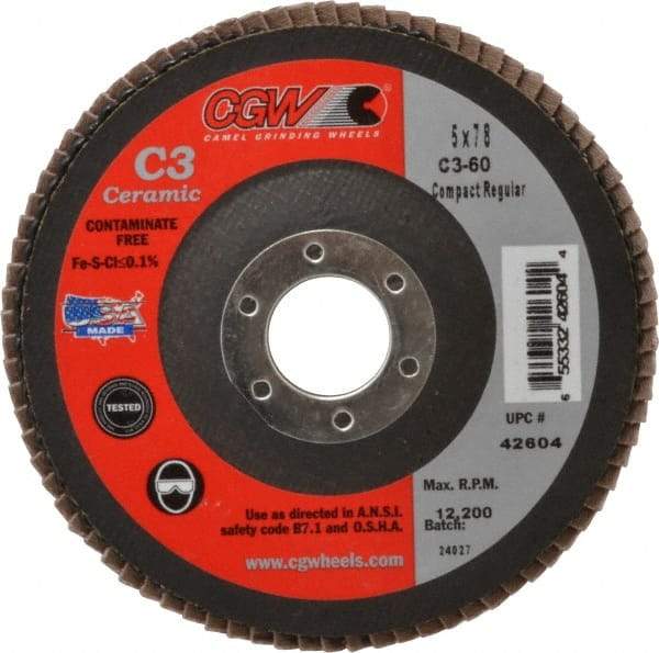 Camel Grinding Wheels - 60 Grit, 5" Disc Diam, 7/8" Center Hole, Ceramic Flap Disc - 12,200 Max RPM, Polyester Backing, Arbor Attaching System, Coated - Apex Tool & Supply