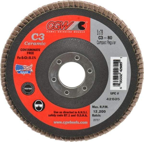 Camel Grinding Wheels - 80 Grit, 5" Disc Diam, 7/8" Center Hole, Ceramic Flap Disc - 12,200 Max RPM, Polyester Backing, Arbor Attaching System, Coated - Apex Tool & Supply