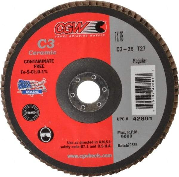Camel Grinding Wheels - 36 Grit, 7" Disc Diam, 7/8" Center Hole, Type 27 Ceramic Flap Disc - 8,600 Max RPM, Polyester Backing, Arbor Attaching System, Coated - Apex Tool & Supply
