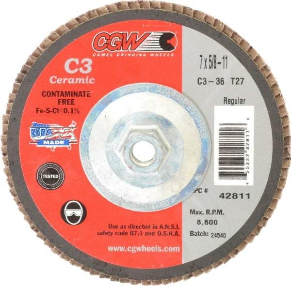 Camel Grinding Wheels - 36 Grit, 7" Disc Diam, 5/8-11 Center Hole, Type 27 Ceramic Flap Disc - 8,600 Max RPM, Polyester Backing, Arbor Attaching System, Coated - Apex Tool & Supply