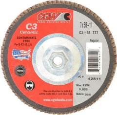 Camel Grinding Wheels - 36 Grit, 7" Disc Diam, 5/8-11 Center Hole, Type 27 Ceramic Flap Disc - 8,600 Max RPM, Polyester Backing, Arbor Attaching System, Coated - Apex Tool & Supply