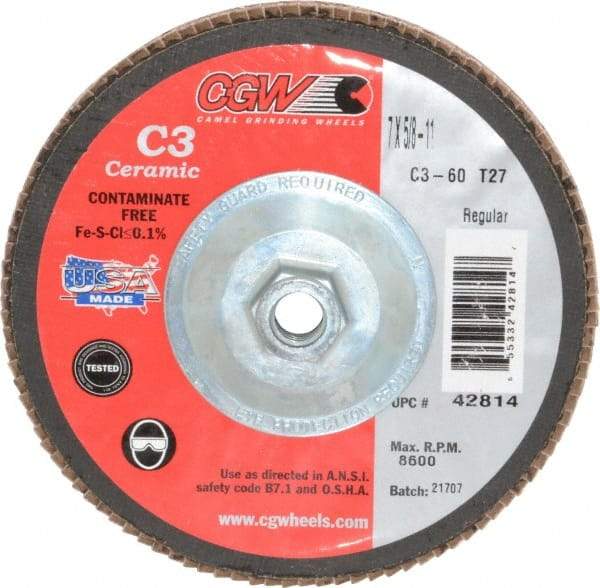 Camel Grinding Wheels - 60 Grit, 7" Disc Diam, 5/8-11 Center Hole, Type 27 Ceramic Flap Disc - 8,600 Max RPM, Polyester Backing, Arbor Attaching System, Coated - Apex Tool & Supply