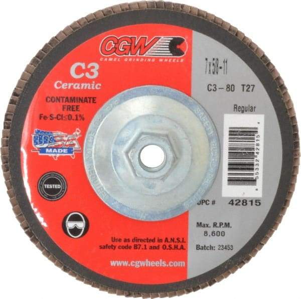 Camel Grinding Wheels - 80 Grit, 7" Disc Diam, 5/8-11 Center Hole, Type 27 Ceramic Flap Disc - 8,600 Max RPM, Polyester Backing, Arbor Attaching System, Coated - Apex Tool & Supply