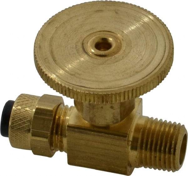 Parker - 1/4 x 1/8" Pipe, Inline Needle Valve - Poly-Tite x MNPTF Ends, Brass Valve, 150 Max psi - Apex Tool & Supply