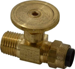 Parker - 3/8 x 1/4" Pipe, Inline Needle Valve - Poly-Tite x MNPTF Ends, Brass Valve, 150 Max psi - Apex Tool & Supply