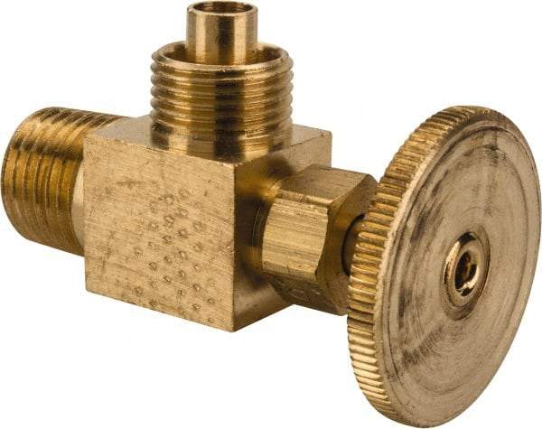 Parker - 3/8 x 1/4" Pipe, Angled Needle Valve - Poly-Tite x MNPTF Ends, Brass Valve, 150 Max psi - Apex Tool & Supply
