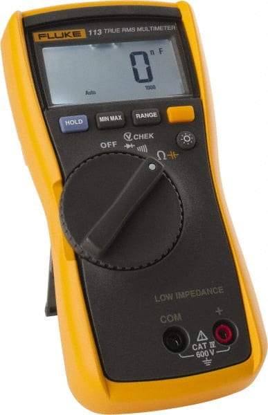 Fluke - 113, CAT IV, 600 VAC/VDC, Digital True RMS Auto Ranging Manual Ranging Multimeter - 60,000 Ohm, Measures Voltage, Resistance - Apex Tool & Supply