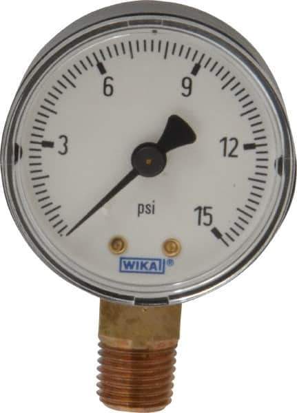 Wika - 2" Dial, 1/4 Thread, 0-15 Scale Range, Pressure Gauge - Lower Connection Mount, Accurate to 3-2-3% of Scale - Apex Tool & Supply