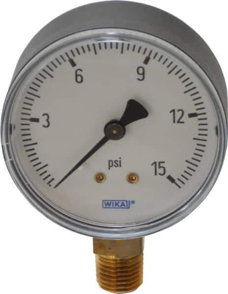 Wika - 2-1/2" Dial, 1/4 Thread, 0-15 Scale Range, Pressure Gauge - Lower Connection Mount, Accurate to 3-2-3% of Scale - Apex Tool & Supply
