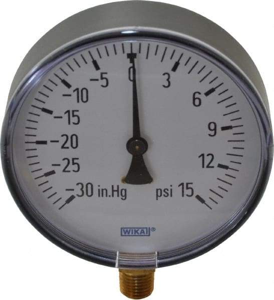 Wika - 4" Dial, 1/4 Thread, 30-0-15 Scale Range, Pressure Gauge - Lower Connection Mount, Accurate to 3-2-3% of Scale - Apex Tool & Supply