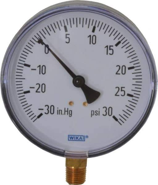 Wika - 4" Dial, 1/4 Thread, 30-0-30 Scale Range, Pressure Gauge - Lower Connection Mount, Accurate to 3-2-3% of Scale - Apex Tool & Supply