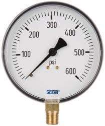 Wika - 4" Dial, 1/4 Thread, 0-600 Scale Range, Pressure Gauge - Lower Connection Mount, Accurate to 3-2-3% of Scale - Apex Tool & Supply