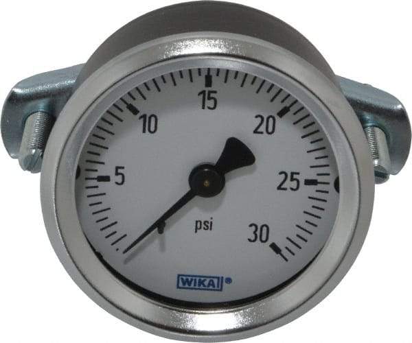 Wika - 2" Dial, 1/4 Thread, 0-30 Scale Range, Pressure Gauge - U-Clamp Panel Mount, Center Back Connection Mount, Accurate to 3-2-3% of Scale - Apex Tool & Supply