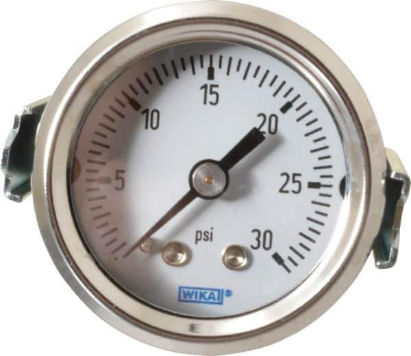 Wika - 1-1/2" Dial, 1/8 Thread, 0-30 Scale Range, Pressure Gauge - U-Clamp Panel Mount, Center Back Connection Mount, Accurate to 3-2-3% of Scale - Apex Tool & Supply