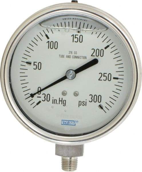 Wika - 4" Dial, 1/4 Thread, 30-0-300 Scale Range, Pressure Gauge - Lower Connection Mount, Accurate to 1% of Scale - Apex Tool & Supply