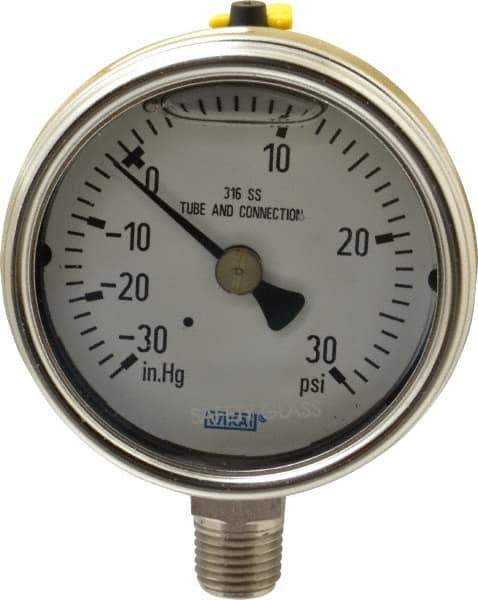 Wika - 2-1/2" Dial, 1/4 Thread, 30-0-30 Scale Range, Pressure Gauge - Lower Connection Mount, Accurate to 2-1-2% of Scale - Apex Tool & Supply