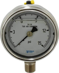 Wika - 2-1/2" Dial, 1/4 Thread, 0-15 Scale Range, Pressure Gauge - Lower Connection Mount, Accurate to 2-1-2% of Scale - Apex Tool & Supply