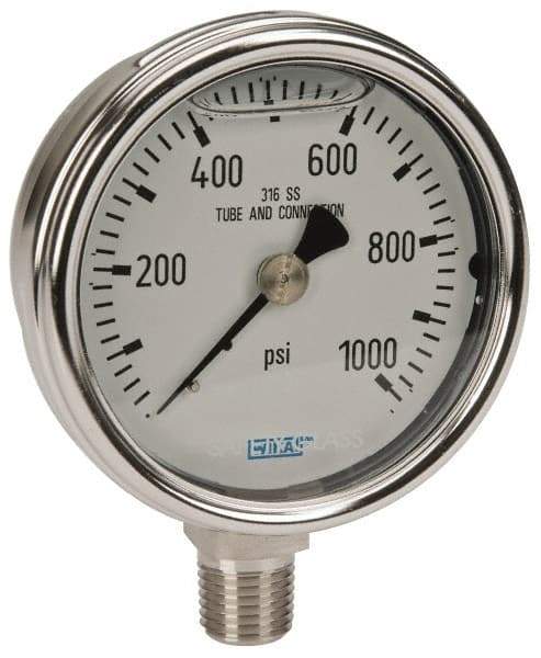 Wika - 2-1/2" Dial, 1/4 Thread, 0-1,000 Scale Range, Pressure Gauge - Lower Connection Mount, Accurate to 2-1-2% of Scale - Apex Tool & Supply