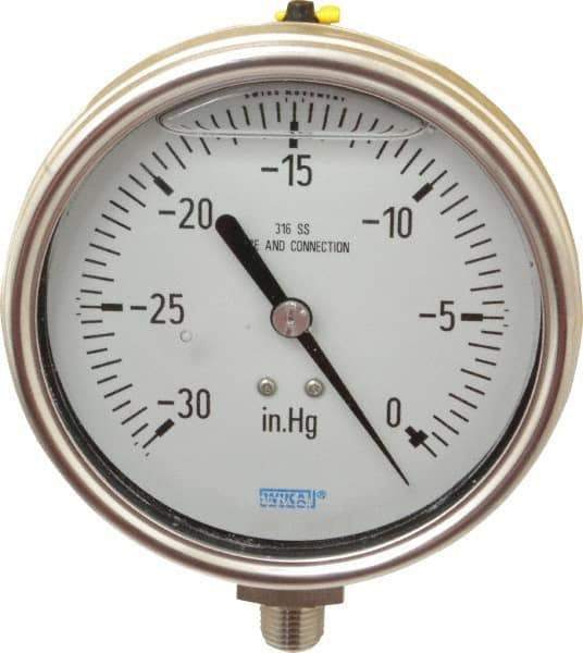 Wika - 4" Dial, 1/4 Thread, 30-0 Scale Range, Pressure Gauge - Lower Connection Mount, Accurate to 1% of Scale - Apex Tool & Supply
