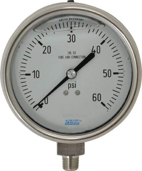 Wika - 4" Dial, 1/4 Thread, 0-60 Scale Range, Pressure Gauge - Lower Connection Mount, Accurate to 1% of Scale - Apex Tool & Supply