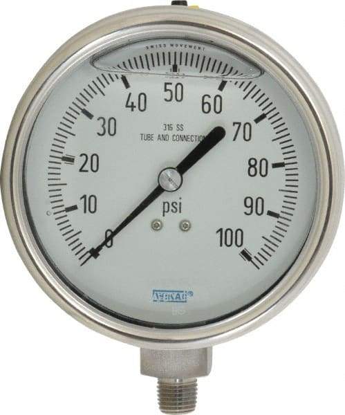 Wika - 4" Dial, 1/4 Thread, 0-100 Scale Range, Pressure Gauge - Lower Connection Mount, Accurate to 1% of Scale - Apex Tool & Supply