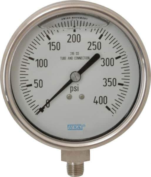 Wika - 4" Dial, 1/4 Thread, 0-400 Scale Range, Pressure Gauge - Lower Connection Mount, Accurate to 1% of Scale - Apex Tool & Supply
