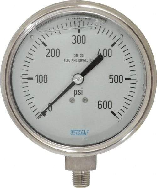 Wika - 4" Dial, 1/4 Thread, 0-600 Scale Range, Pressure Gauge - Lower Connection Mount, Accurate to 1% of Scale - Apex Tool & Supply