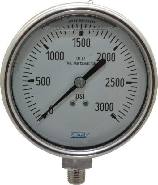 Wika - 4" Dial, 1/4 Thread, 0-3,000 Scale Range, Pressure Gauge - Lower Connection Mount, Accurate to 1% of Scale - Apex Tool & Supply