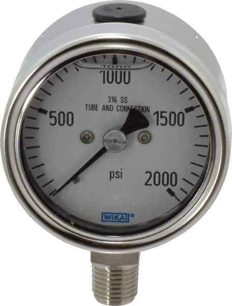 Wika - 2-1/2" Dial, 1/4 Thread, 0-2,000 Scale Range, Pressure Gauge - Lower Connection Mount, Accurate to 2-1-2% of Scale - Apex Tool & Supply