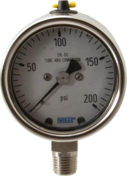 Wika - 2-1/2" Dial, 1/4 Thread, 200 Scale Range, Pressure Gauge - Lower Connection Mount, Accurate to 2-1-2% of Scale - Apex Tool & Supply