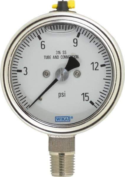 Wika - 2-1/2" Dial, 1/4 Thread, 15 Scale Range, Pressure Gauge - Lower Connection Mount, Accurate to 2-1-2% of Scale - Apex Tool & Supply