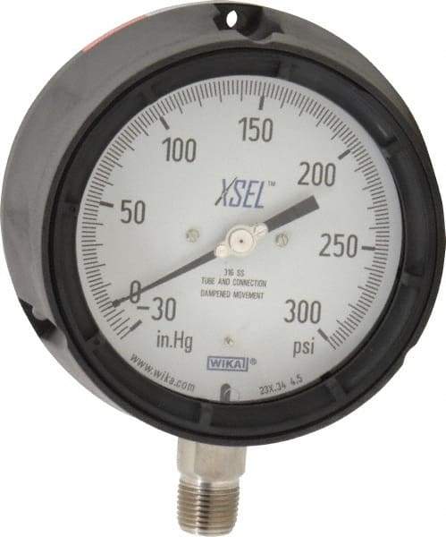 Wika - 4-1/2" Dial, 1/2 Thread, 30-0-300 Scale Range, Pressure Gauge - Lower Connection Mount, Accurate to 0.5% of Scale - Apex Tool & Supply