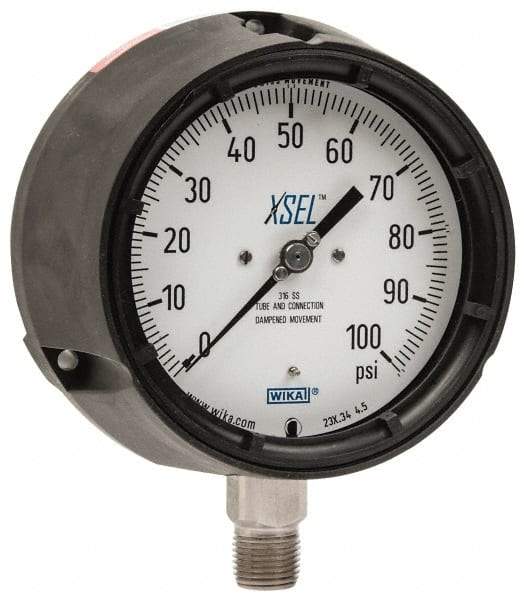 Wika - 4-1/2" Dial, 1/2 Thread, 0-100 Scale Range, Pressure Gauge - Lower Connection Mount, Accurate to 0.5% of Scale - Apex Tool & Supply