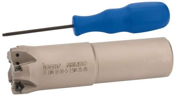 Iscar - 1-1/2" Cut Diam, 0.04" Max Depth, 1-1/4" Shank Diam, Weldon Shank Indexable High-Feed End Mill - Screw Holding Method, H600 WXCU 05 Insert, FF EWX-05 Toolholder, Through Coolant - Apex Tool & Supply