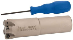 Iscar - 1-1/2" Cut Diam, 0.04" Max Depth, 1-1/4" Shank Diam, Weldon Shank Indexable High-Feed End Mill - Screw Holding Method, H600 WXCU 05 Insert, FF EWX-05 Toolholder, Through Coolant - Apex Tool & Supply