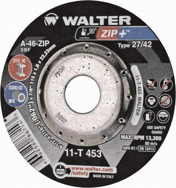 WALTER Surface Technologies - 4-1/2" Wheel Diam, 1/16" Wheel Thickness, 7/8" Arbor Hole, Depressed Center Wheel - Aluminum Oxide/Silicon Carbide Blend, 13,300 Max RPM - Apex Tool & Supply