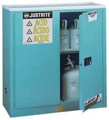 Justrite - 2 Door, 1 Shelf, Blue Steel Standard Safety Cabinet for Corrosive Chemicals - 44" High x 43" Wide x 18" Deep, Manual Closing Door, 3 Point Key Lock, 30 Gal Capacity - Apex Tool & Supply