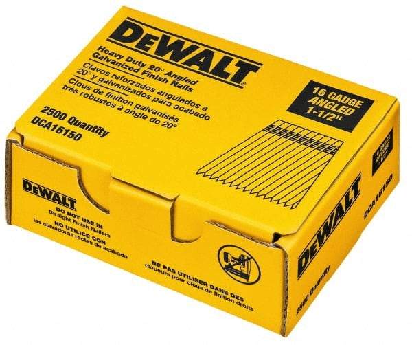 DeWALT - 16 Gauge 1-1/2" Long Finishing Nails for Power Nailers - Grade 2 Steel, Galvanized Finish, Angled Stick Collation - Apex Tool & Supply