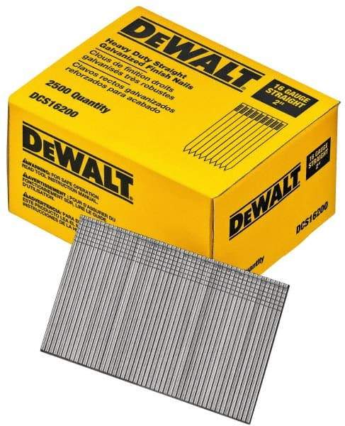 DeWALT - 16 Gauge 2" Long Finishing Nails for Power Nailers - Grade 2 Steel, Galvanized Finish, Straight Stick Collation - Apex Tool & Supply