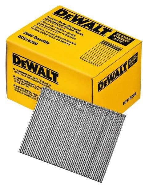 DeWALT - 16 Gauge 2-1/2" Long Finishing Nails for Power Nailers - Grade 2 Steel, Galvanized Finish, Straight Stick Collation - Apex Tool & Supply