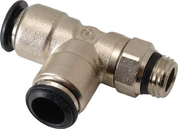 Alpha Technologies - 10mm Outside Diam, 1/4 Universal, Nickel Plated Brass Push-to-Connect Tube Male Swivel Run Tee - 250 Max psi, Tube to Universal Thread Connection, Buna O-Ring - Apex Tool & Supply